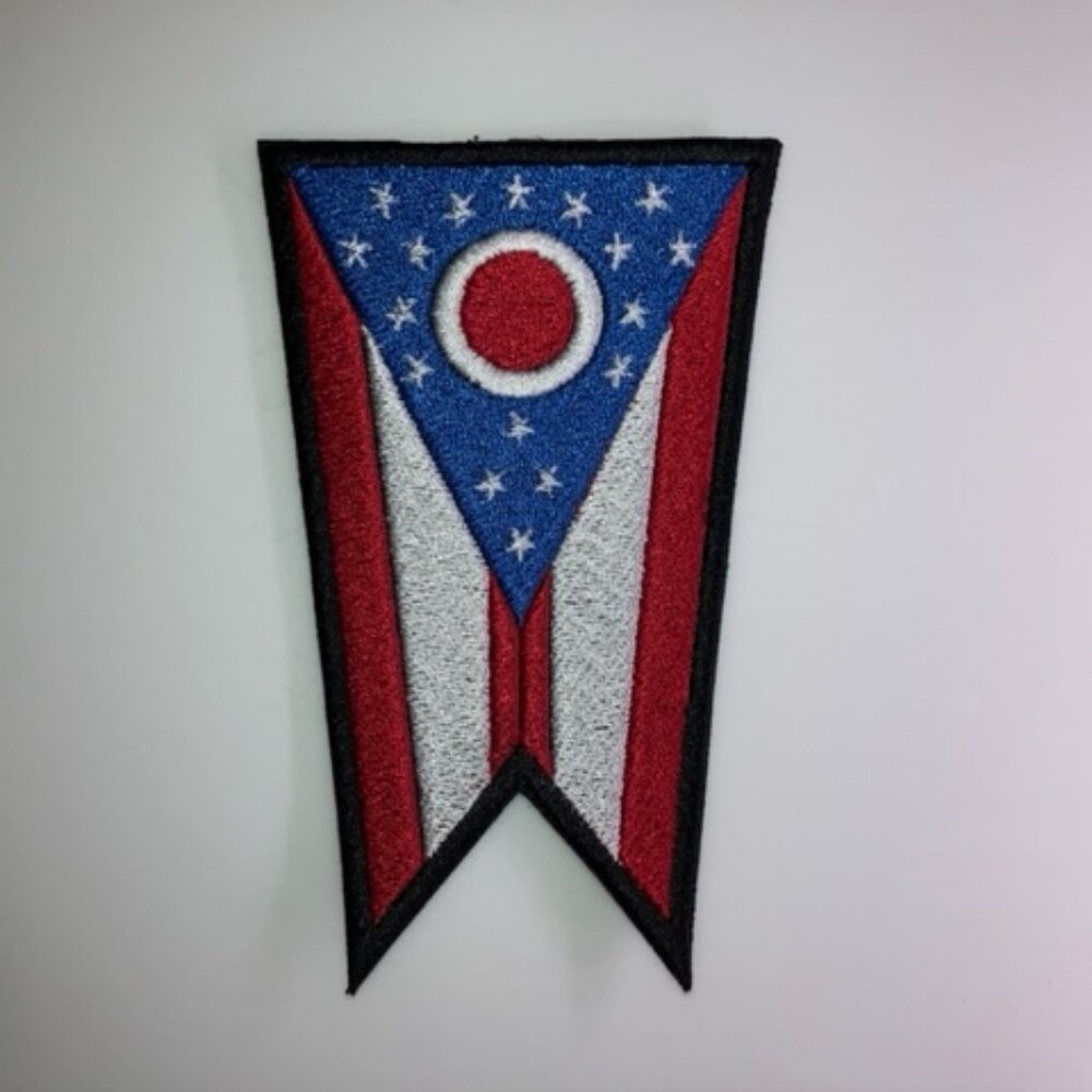 Ohio flag embroidered as a patch and ready to sew onto any black vest or jacket